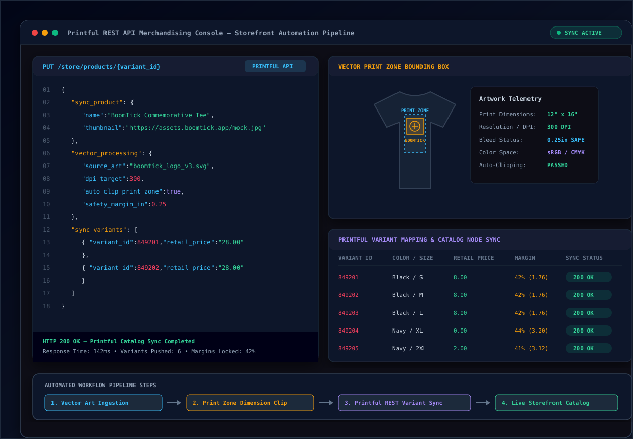 Printful REST API integration console showing automated variant mapping and catalog synchronization