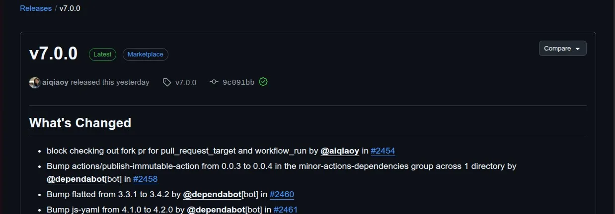 GitHub Releases showing v7.0.0, confirming versions beyond v4 are stable